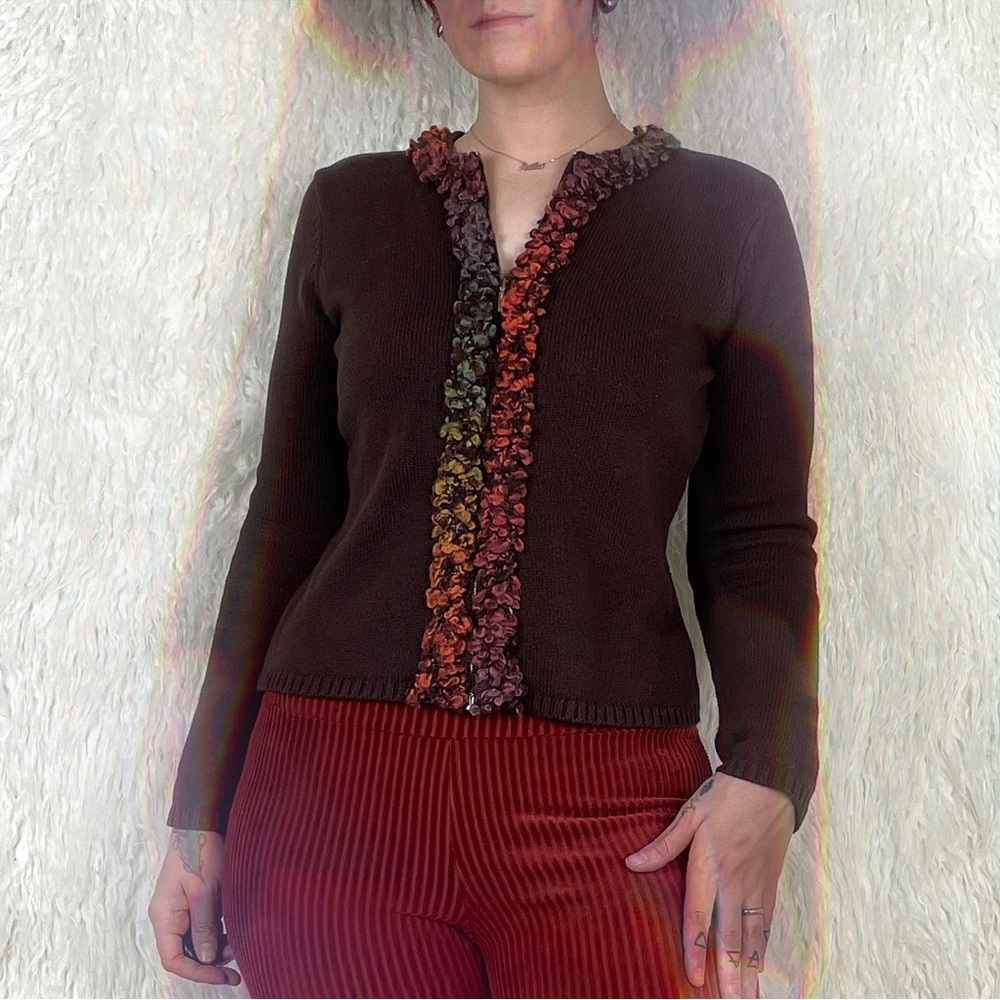Vintage Y2K Brown Multi-Colored Ruffle Trim Zip Sweater